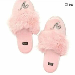 NWTVictoria's Secret Slippers Pink Velvet Crystal V & Travel Bag, M 7-8 RARE